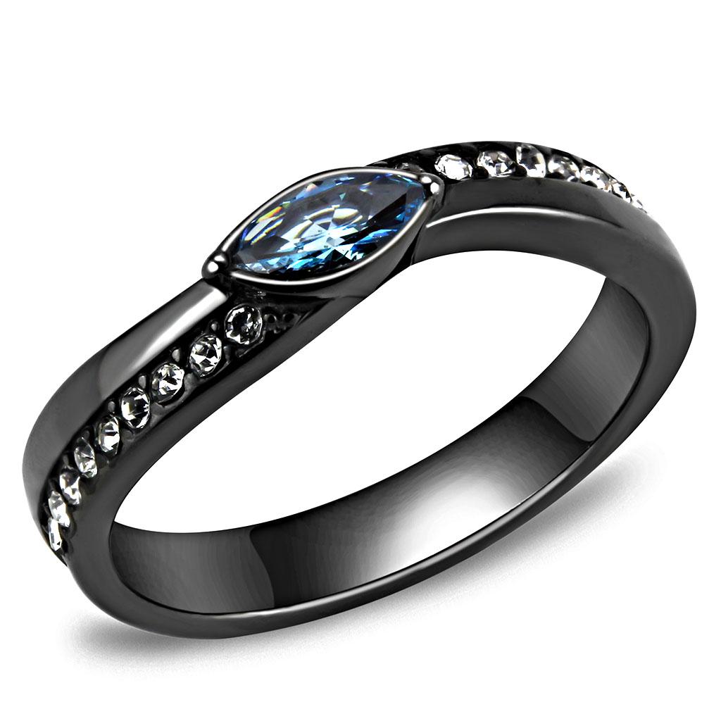 IP Light Black  (IP Gun) Stainless Steel Ring with AAA Grade CZ  in Sea Blue