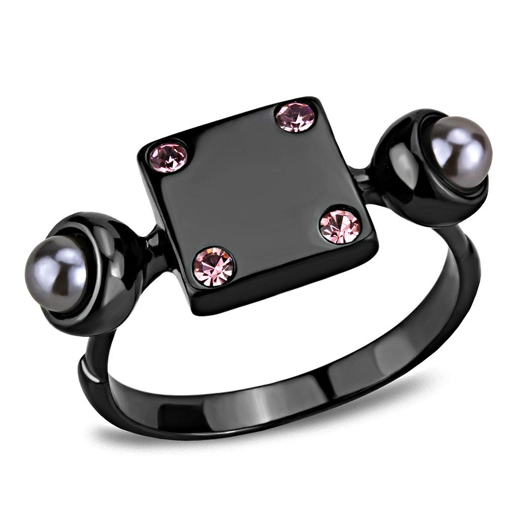 IP Light Black  (IP Gun) Stainless Steel Ring with Synthetic Pearl in Gray