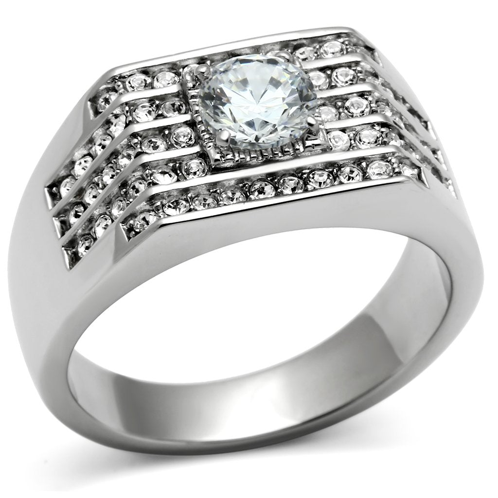 High polished (no plating) Stainless Steel Ring with AAA Grade CZ  in Clear