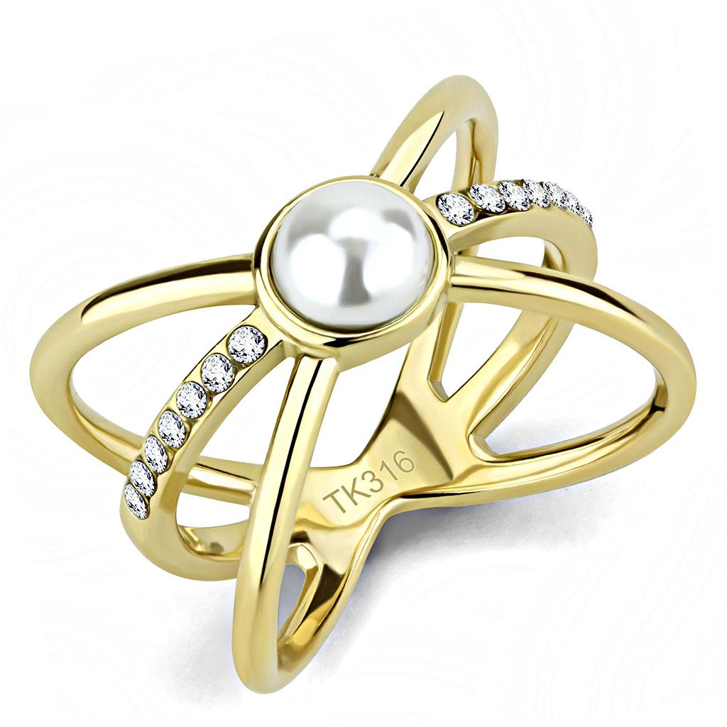 IP Gold(Ion Plating) Stainless Steel Ring with Synthetic Pearl in White