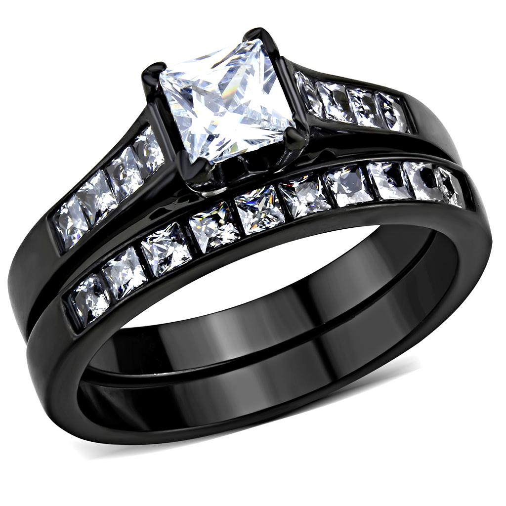 IP Black(Ion Plating) Stainless Steel Ring with AAA Grade CZ  in Clear