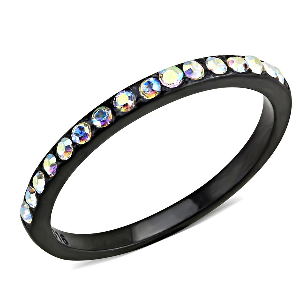 IP Black(Ion Plating) Stainless Steel Ring with Top Grade Crystal  in Aurora Borealis (Rainbow Effect)