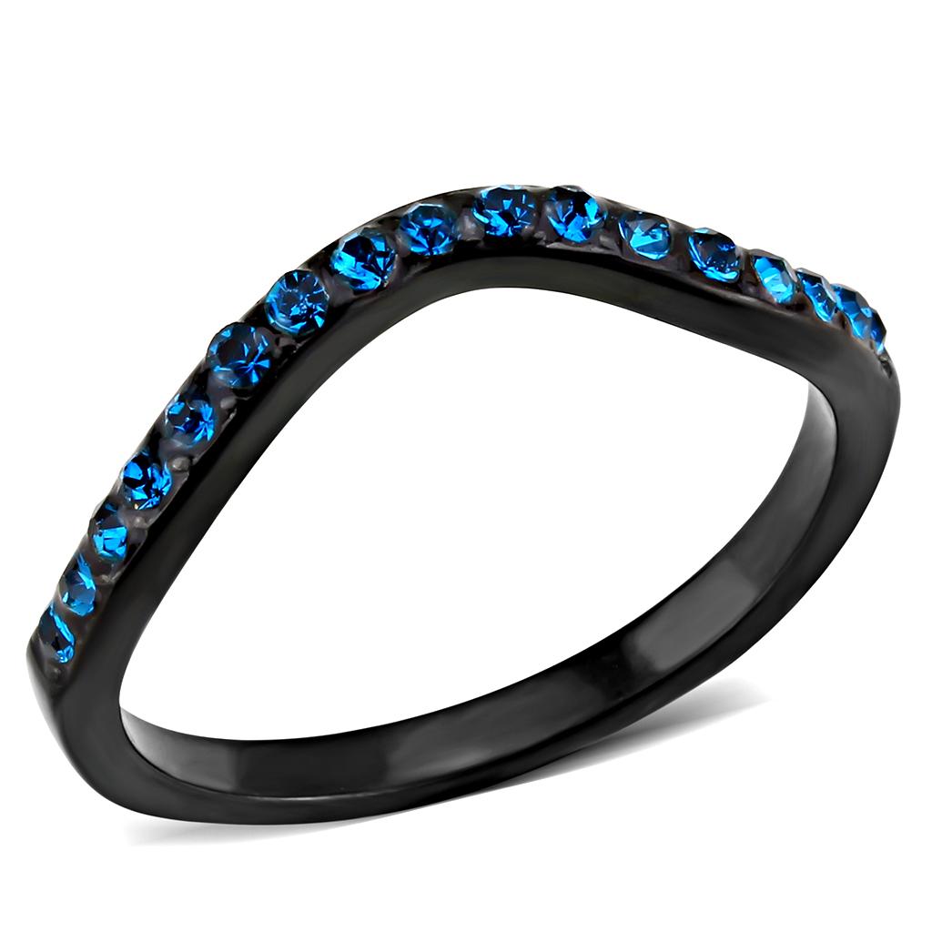 IP Black(Ion Plating) Stainless Steel Ring with Top Grade Crystal  in Blue Zircon