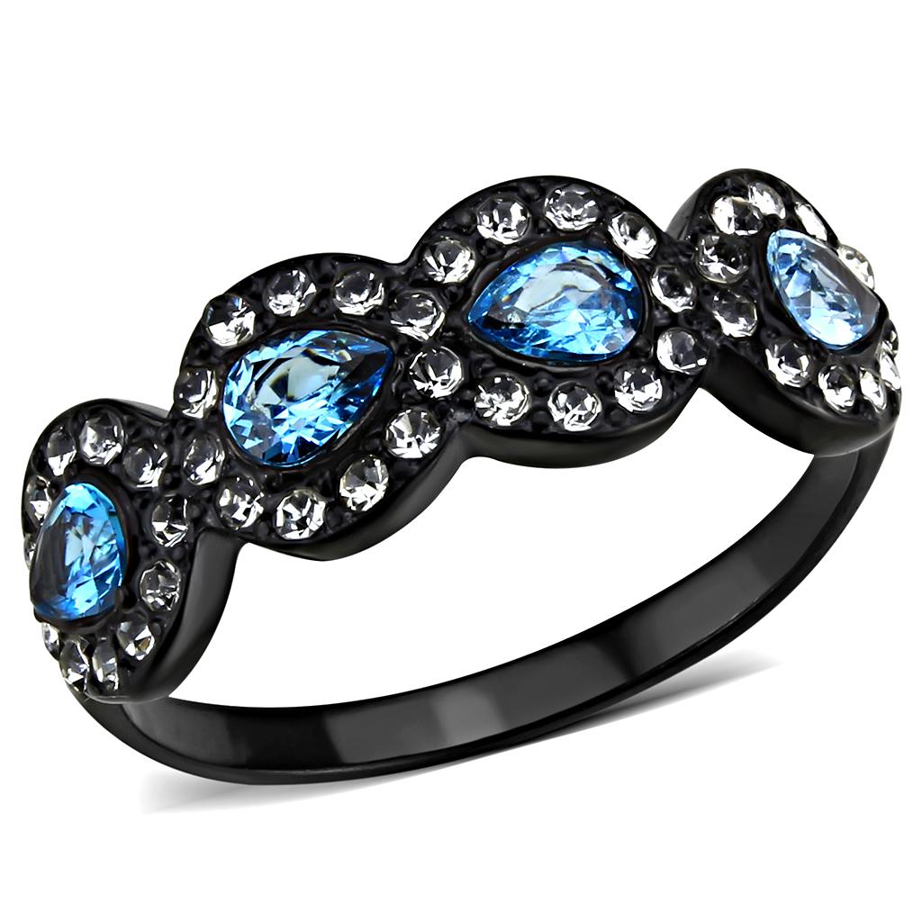 IP Black(Ion Plating) Stainless Steel Ring with AAA Grade CZ  in Sea Blue