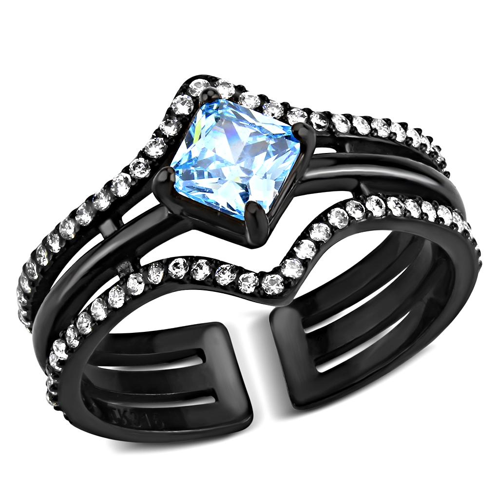 IP Black(Ion Plating) Stainless Steel Ring with AAA Grade CZ  in Sea Blue