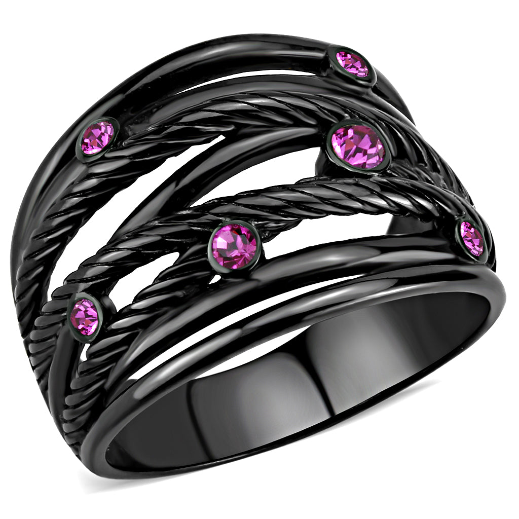 IP Black(Ion Plating) Stainless Steel Ring with Top Grade Crystal  in Fuchsia