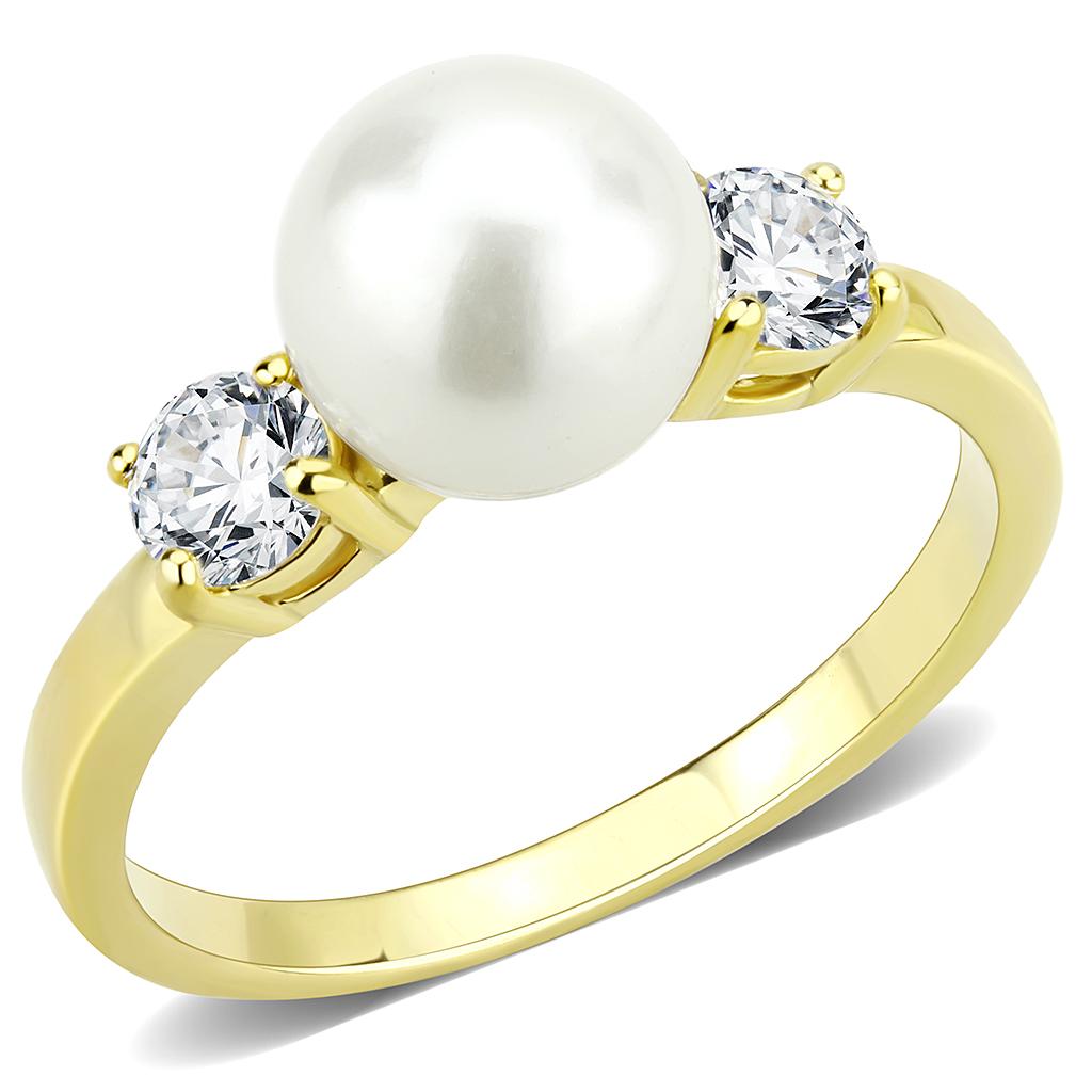 IP Gold(Ion Plating) Stainless Steel Ring with Synthetic Pearl in White