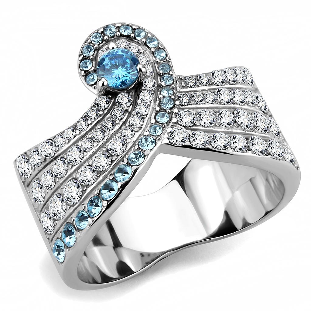 No Plating Stainless Steel Ring with AAA Grade CZ  in Sea Blue