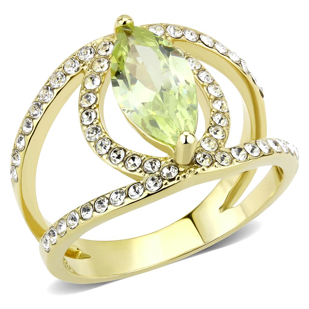 IP Gold(Ion Plating) Stainless Steel Ring with AAA Grade CZ  in Apple Green color