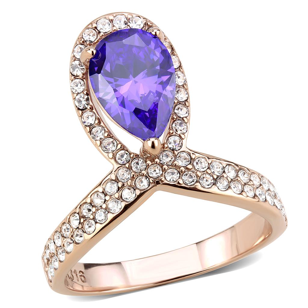 IP Rose Gold(Ion Plating) Stainless Steel Ring with AAA Grade CZ  in Tanzanite