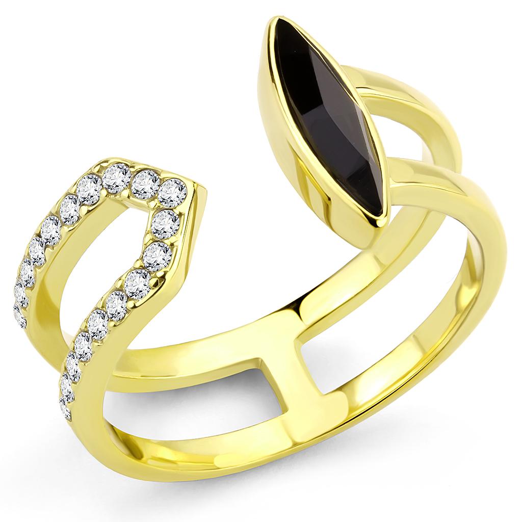 IP Gold(Ion Plating) Stainless Steel Ring with Top Grade Crystal  in Jet