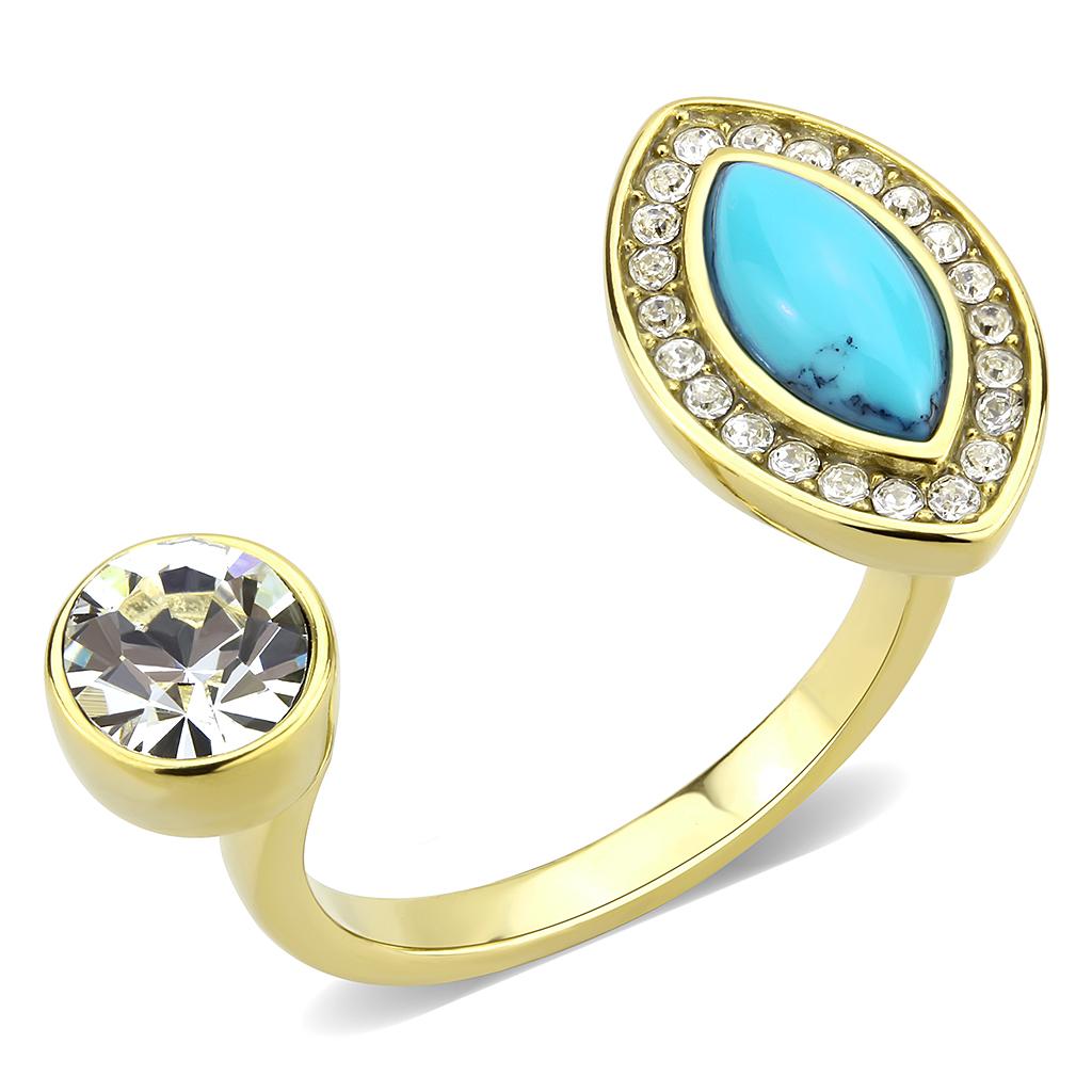 IP Gold(Ion Plating) Stainless Steel Ring with Synthetic Turquoise in Turquoise