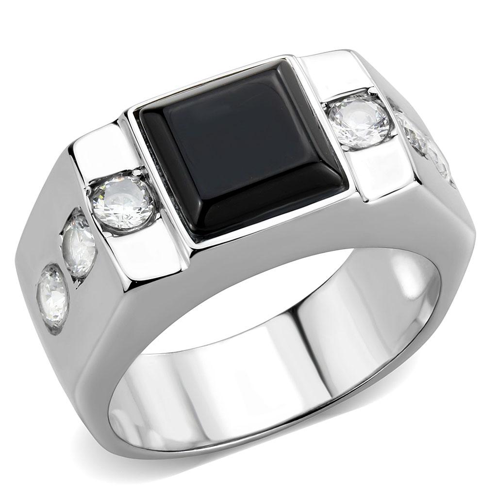 High polished (no plating) Stainless Steel Ring with Synthetic Onyx in Jet