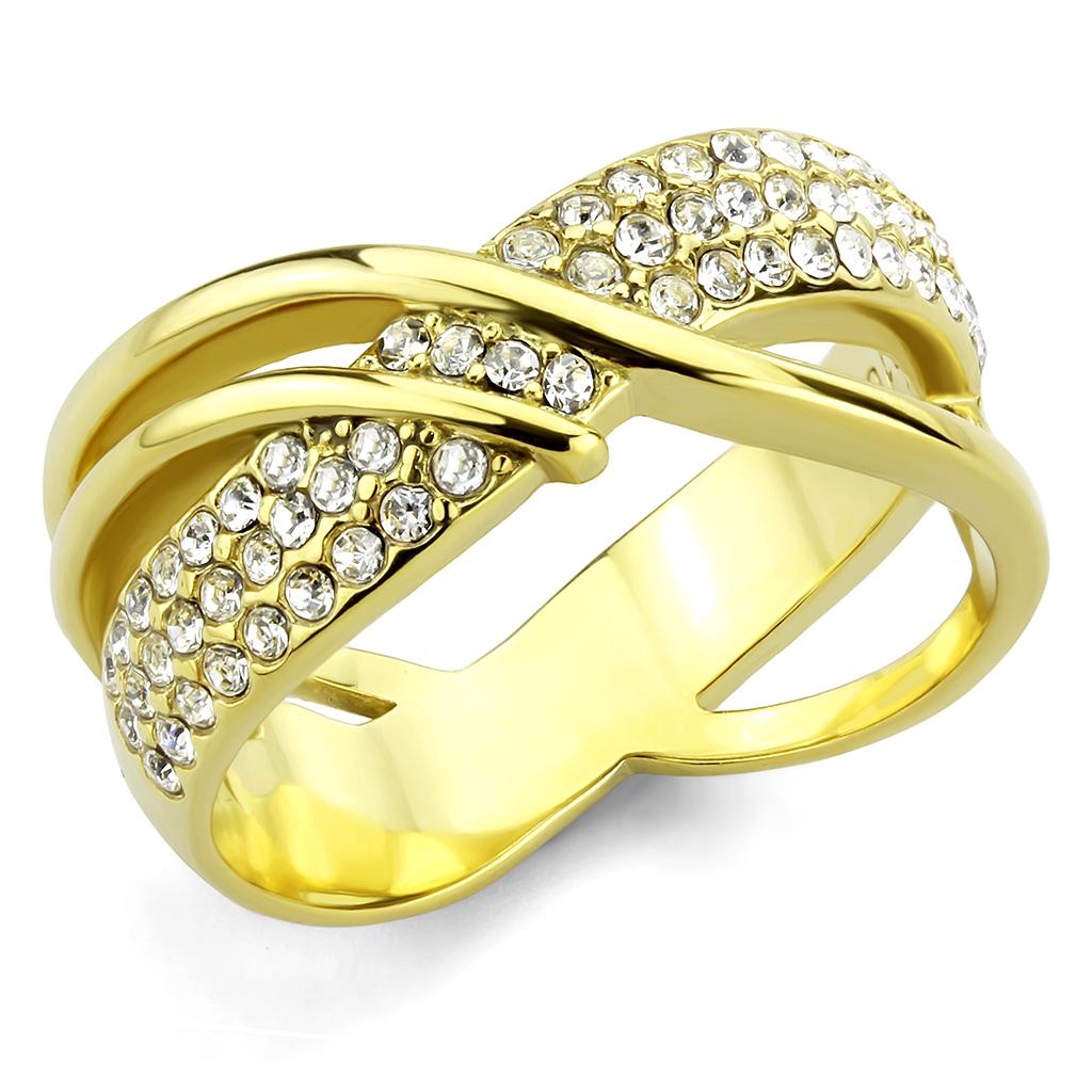 IP Gold(Ion Plating) Stainless Steel Ring with Top Grade Crystal  in Clear