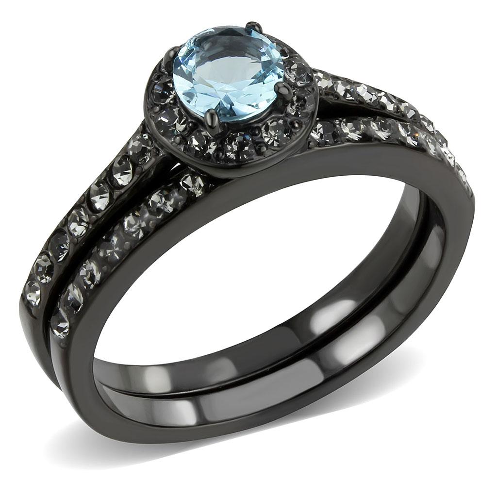 IP Black(Ion Plating) Stainless Steel Ring with Synthetic Synthetic Glass in Sea Blue