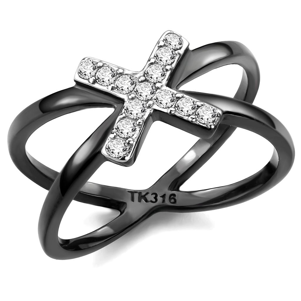 Two-Tone IP Black (Ion Plating) Stainless Steel Ring with AAA Grade CZ  in Clear