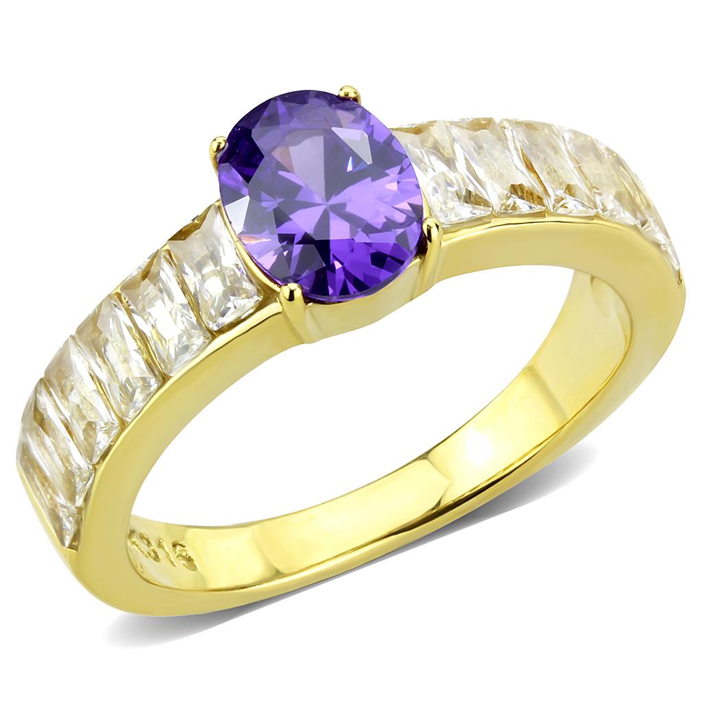 IP Gold(Ion Plating) Stainless Steel Ring with AAA Grade CZ  in Tanzanite