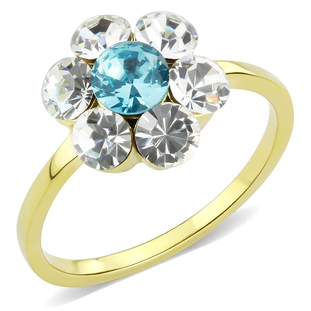 IP Gold(Ion Plating) Stainless Steel Ring with Synthetic Synthetic Glass in Sea Blue