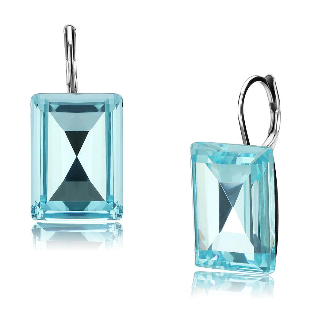 High polished (no plating) Stainless Steel Earrings with Top Grade Crystal  in Sea Blue