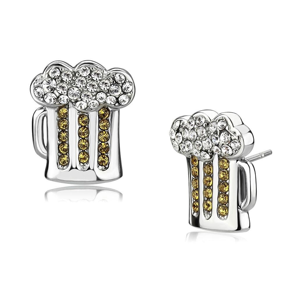 High polished (no plating) Stainless Steel Earrings with Top Grade Crystal  in Topaz