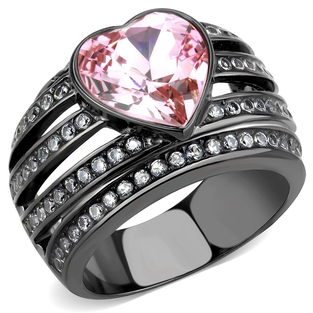 IP Black(Ion Plating) Stainless Steel Ring with Top Grade Crystal  in Light Rose