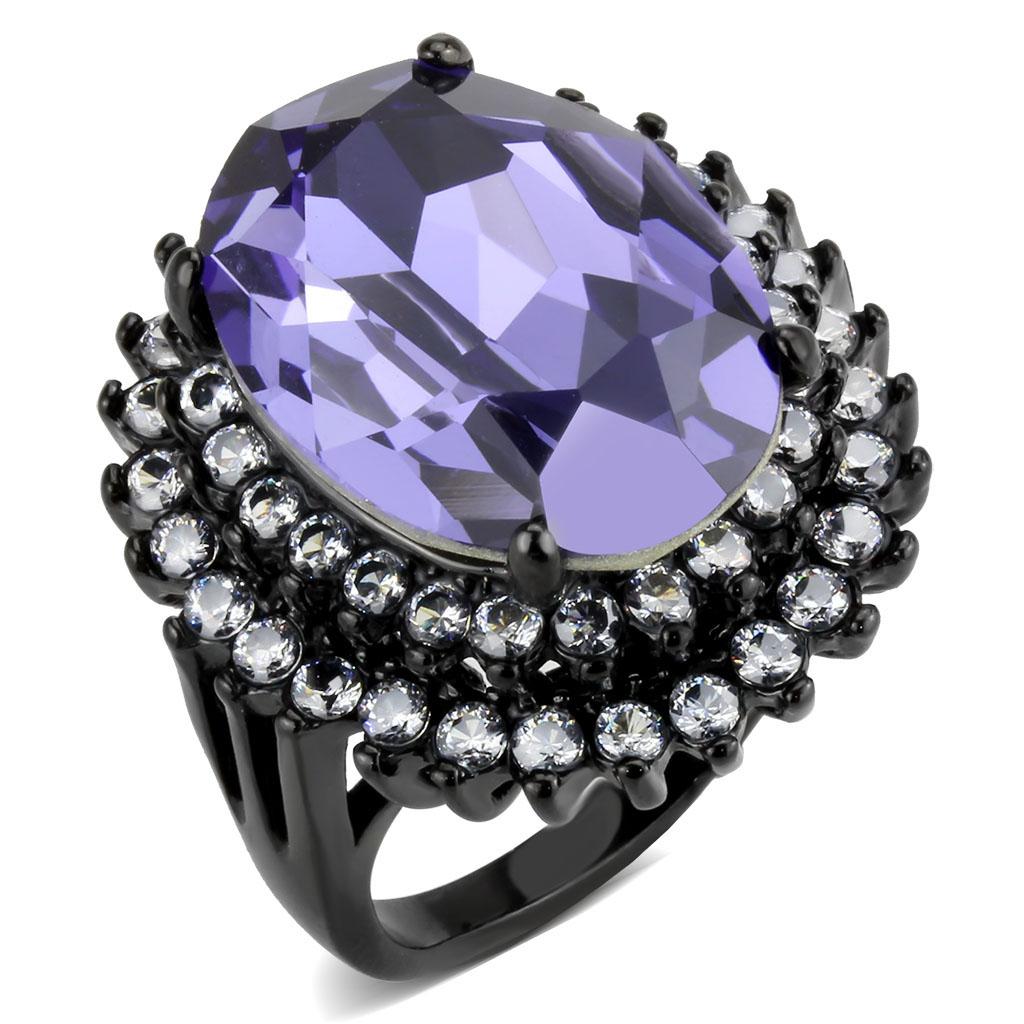 IP Black(Ion Plating) Stainless Steel Ring with Top Grade Crystal  in Tanzanite