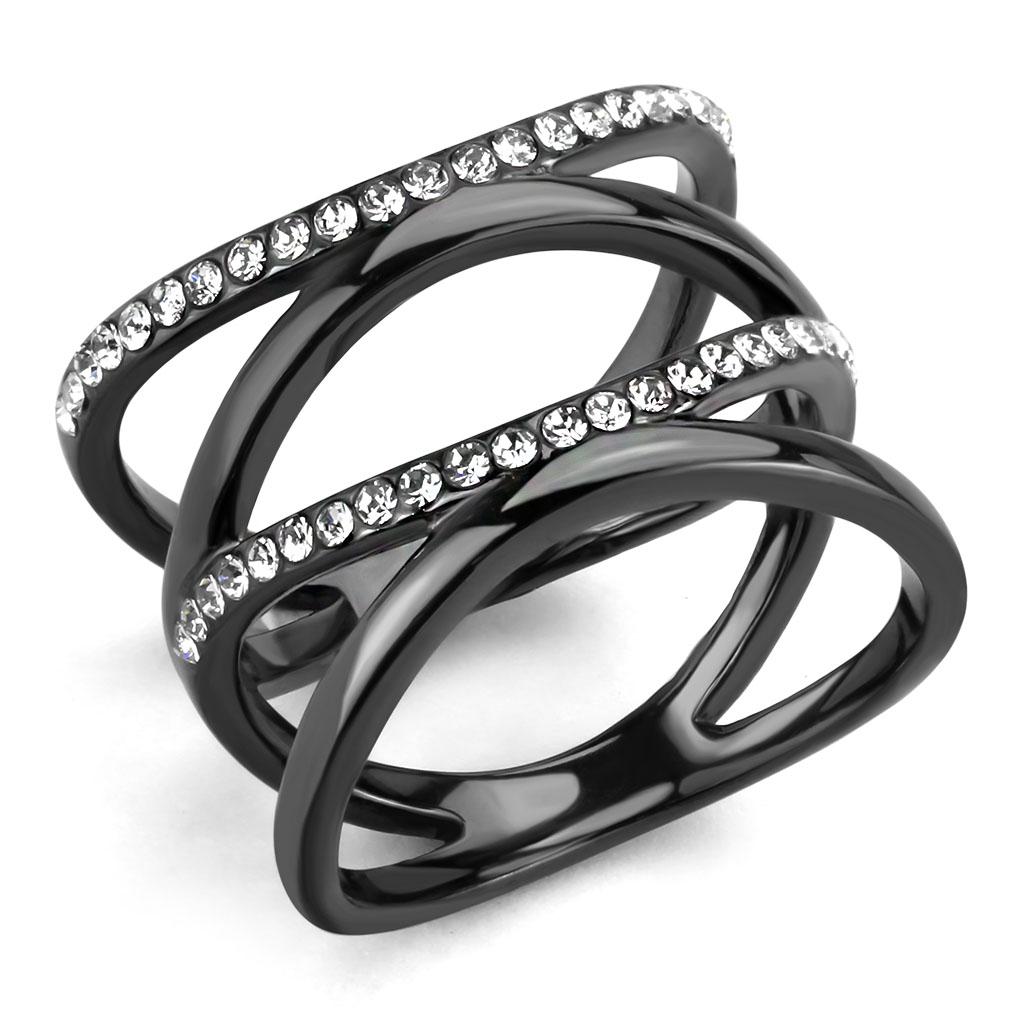 IP Light Black  (IP Gun) Stainless Steel Ring with Top Grade Crystal  in Clear