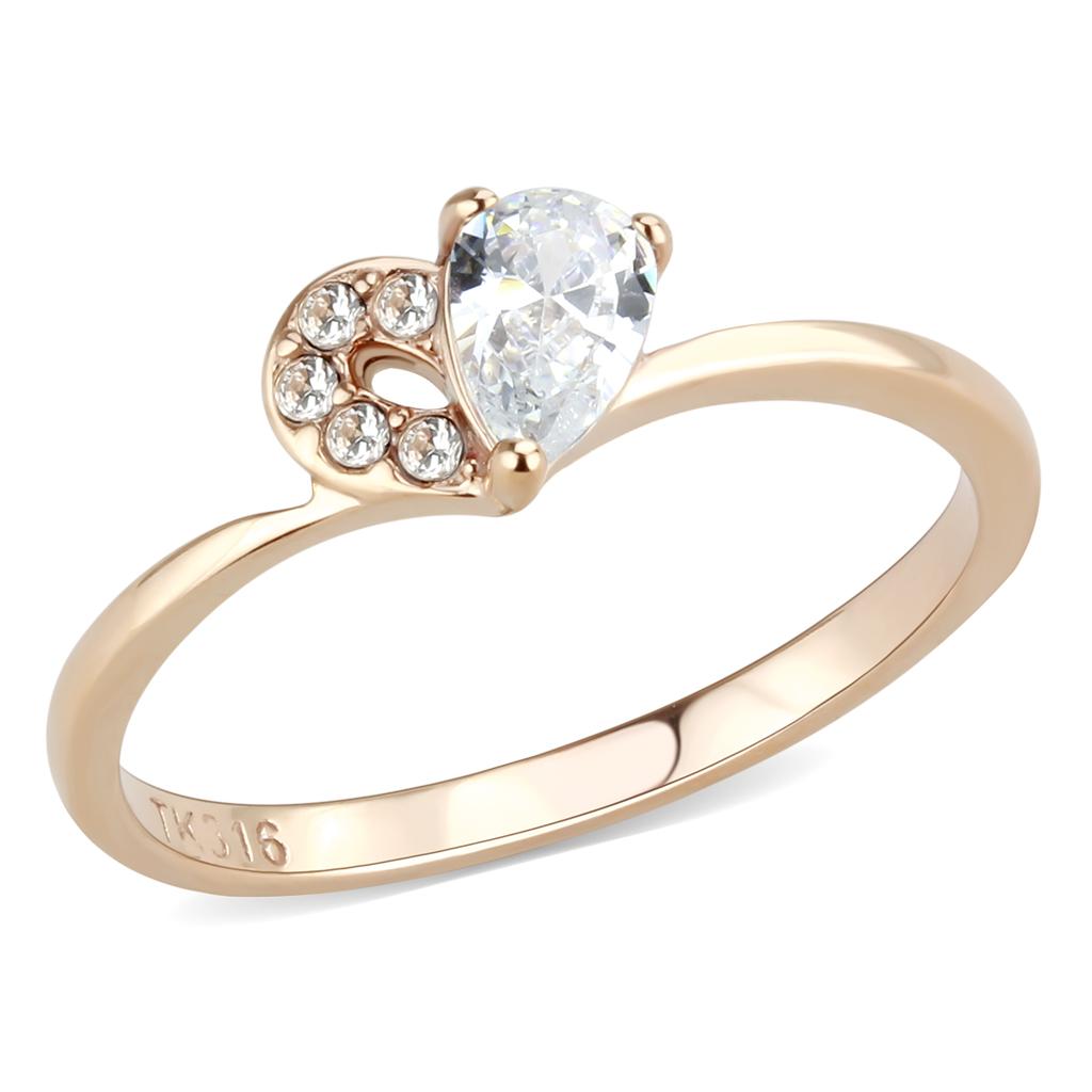 IP Rose Gold(Ion Plating) Stainless Steel Ring with AAA Grade CZ  in Clear