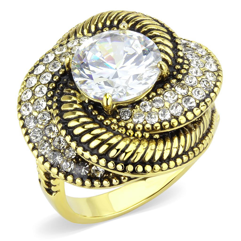 IP Gold(Ion Plating) Stainless Steel Ring with AAA Grade CZ  in Clear