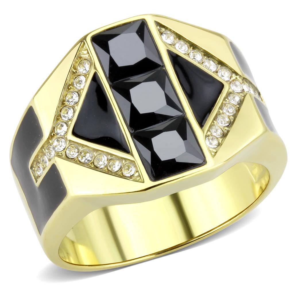 IP Gold(Ion Plating) Stainless Steel Ring with AAA Grade CZ  in Black Diamond