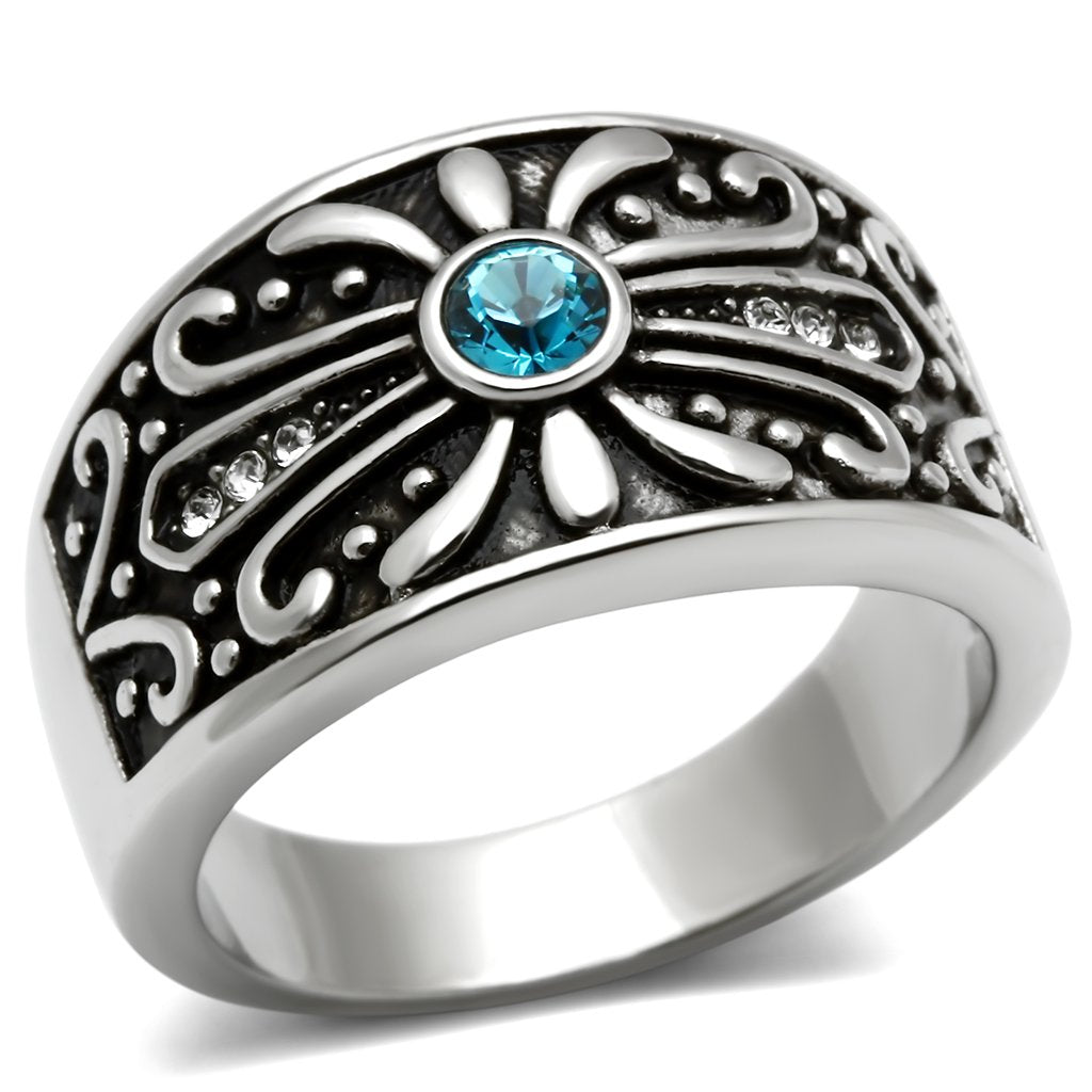 High polished (no plating) Stainless Steel Ring with Top Grade Crystal  in Capri Blue