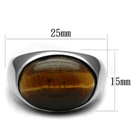 High polished (no plating) Stainless Steel Ring with Semi-Precious Tiger Eye in Topaz