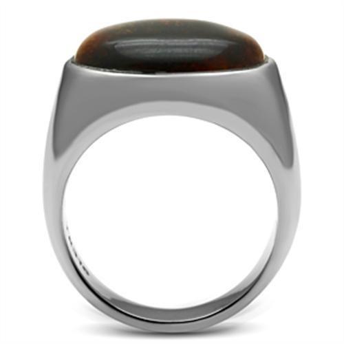 High polished (no plating) Stainless Steel Ring with Semi-Precious Tiger Eye in Topaz