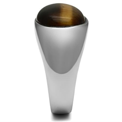 High polished (no plating) Stainless Steel Ring with Semi-Precious Tiger Eye in Topaz