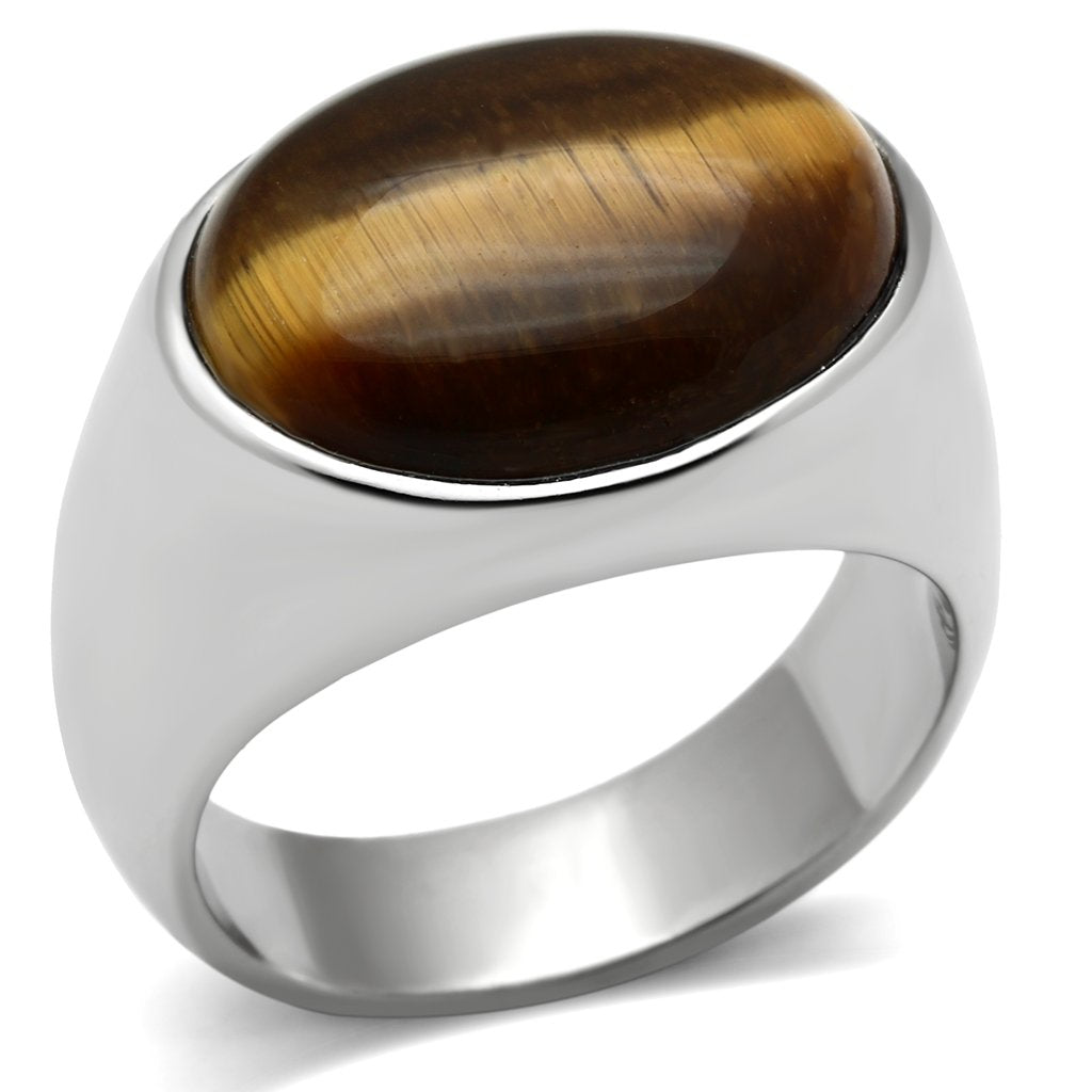 High polished (no plating) Stainless Steel Ring with Semi-Precious Tiger Eye in Topaz