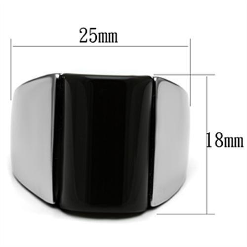 High polished (no plating) Stainless Steel Ring with Semi-Precious Onyx in Jet