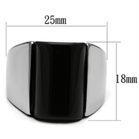 High polished (no plating) Stainless Steel Ring with Semi-Precious Onyx in Jet