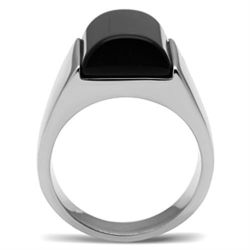 High polished (no plating) Stainless Steel Ring with Semi-Precious Onyx in Jet