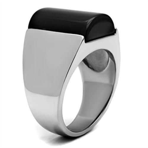 High polished (no plating) Stainless Steel Ring with Semi-Precious Onyx in Jet
