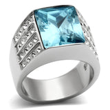 High polished (no plating) Stainless Steel Ring with Synthetic Synthetic Glass in Sea Blue