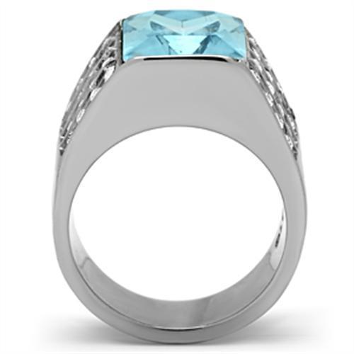 High polished (no plating) Stainless Steel Ring with Synthetic Synthetic Glass in Sea Blue