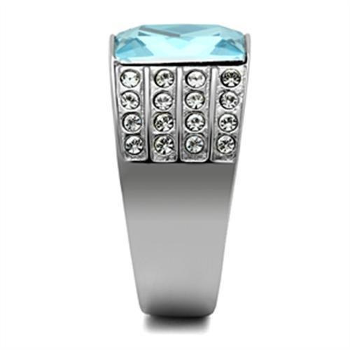 High polished (no plating) Stainless Steel Ring with Synthetic Synthetic Glass in Sea Blue