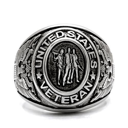 Silver US Veteran Ring – Stainless Steel Military Tribute (Size 8–14)