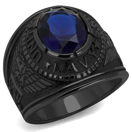 Black-Plated Stainless Steel Navy Ring with Sapphire Blue Glass
