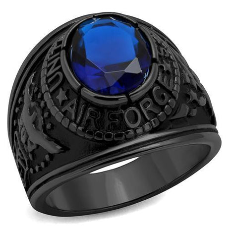 Black-Plated Stainless Steel Air Force Ring with Sapphire Blue Glass