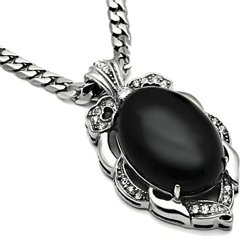 High polished (no plating) Stainless Steel Chain Pendant with Semi-Precious Onyx in Jet