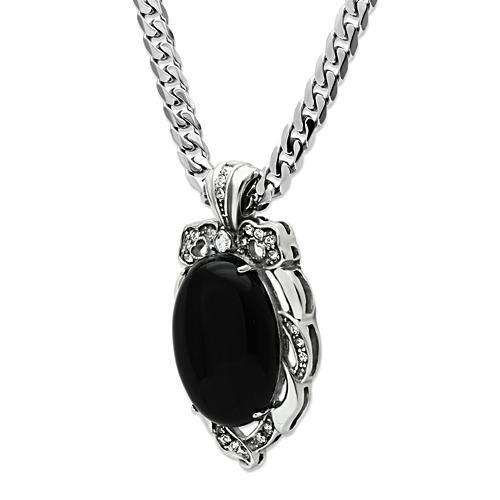 High polished (no plating) Stainless Steel Chain Pendant with Semi-Precious Onyx in Jet