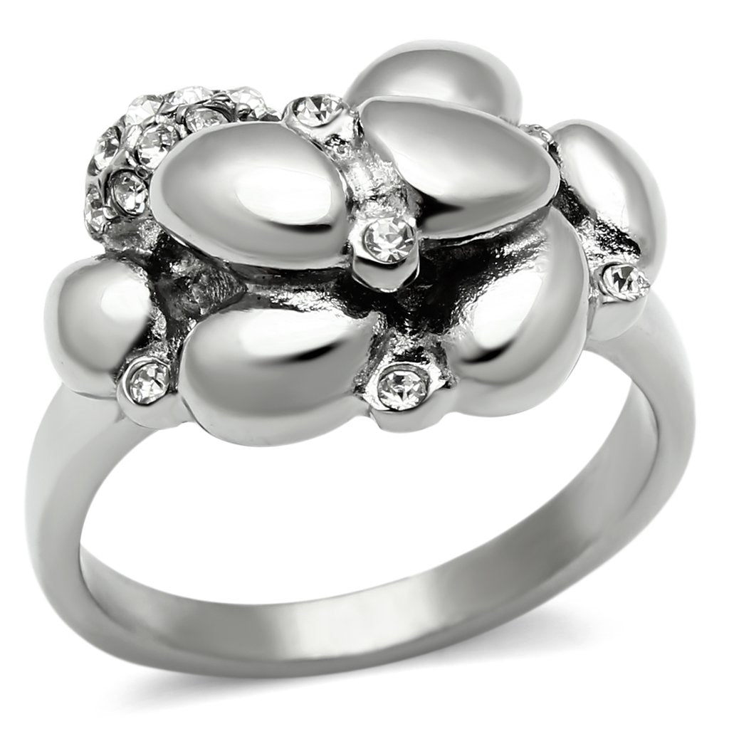 High polished (no plating) Stainless Steel Ring with Top Grade Crystal  in Clear