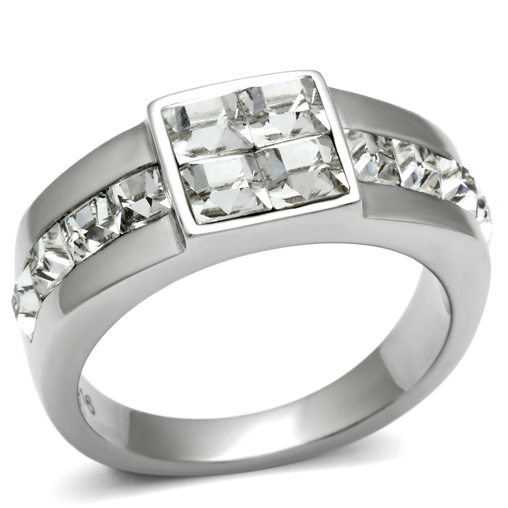 High polished (no plating) Stainless Steel Ring with Top Grade Crystal  in Clear