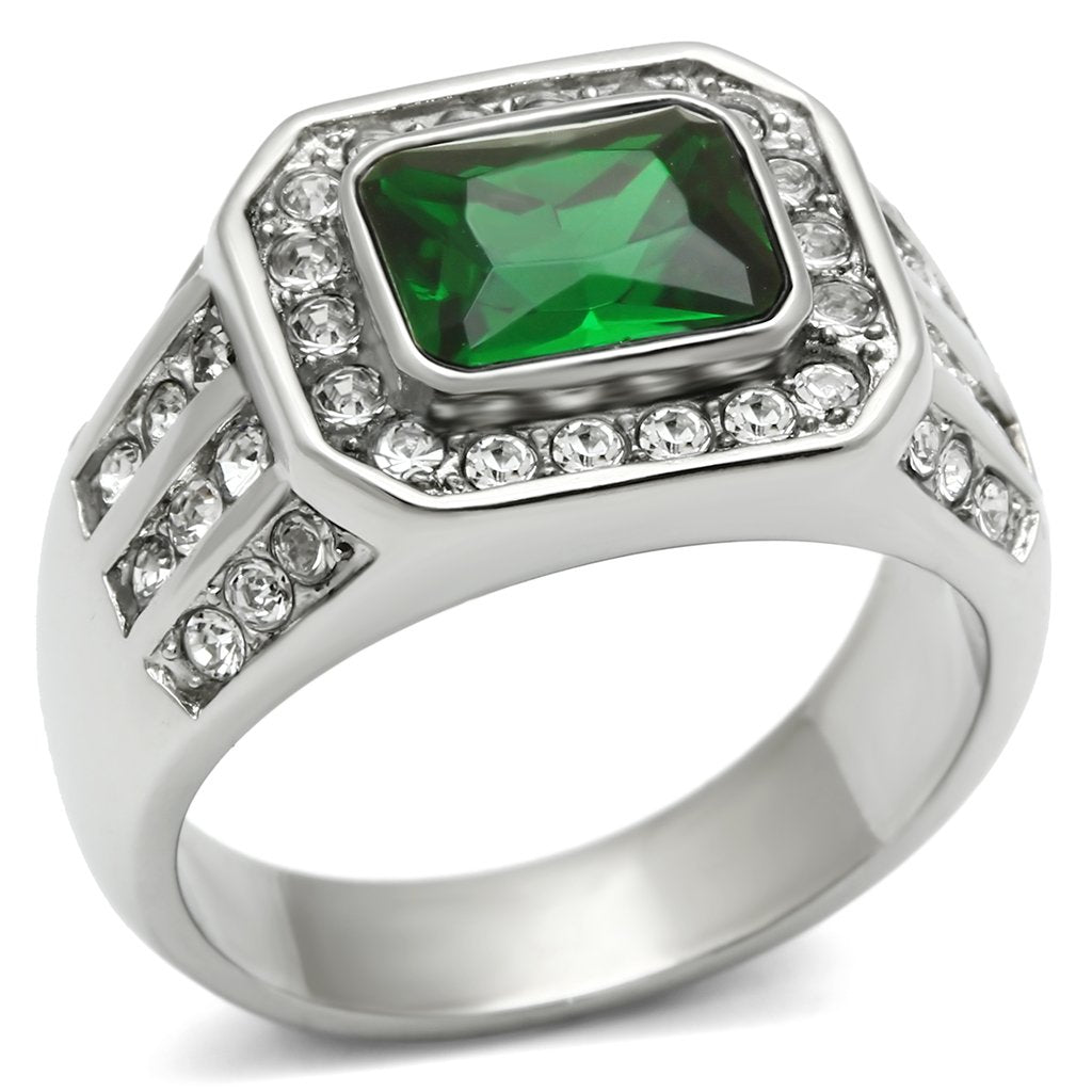 High polished (no plating) Stainless Steel Ring with Synthetic Synthetic Glass in Emerald